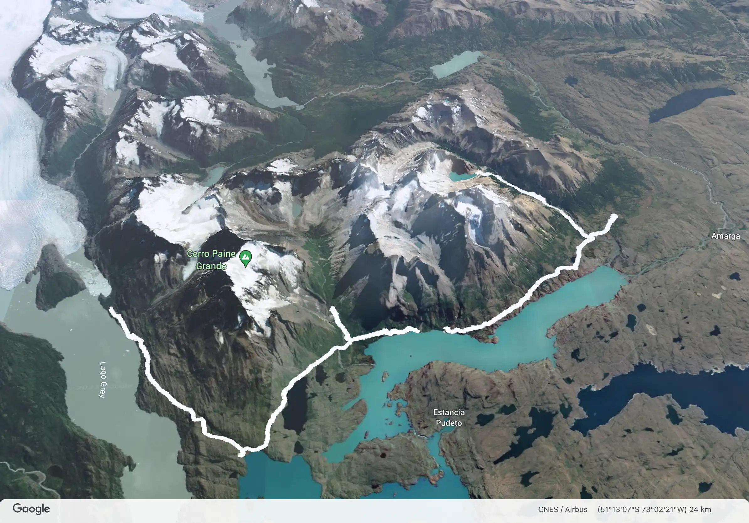 A 3D render of our path through Torres del Paine from Google Earth.